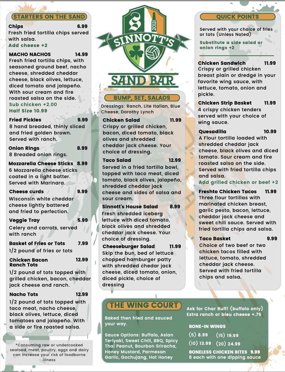 Sinnott's 2026 Menu 1